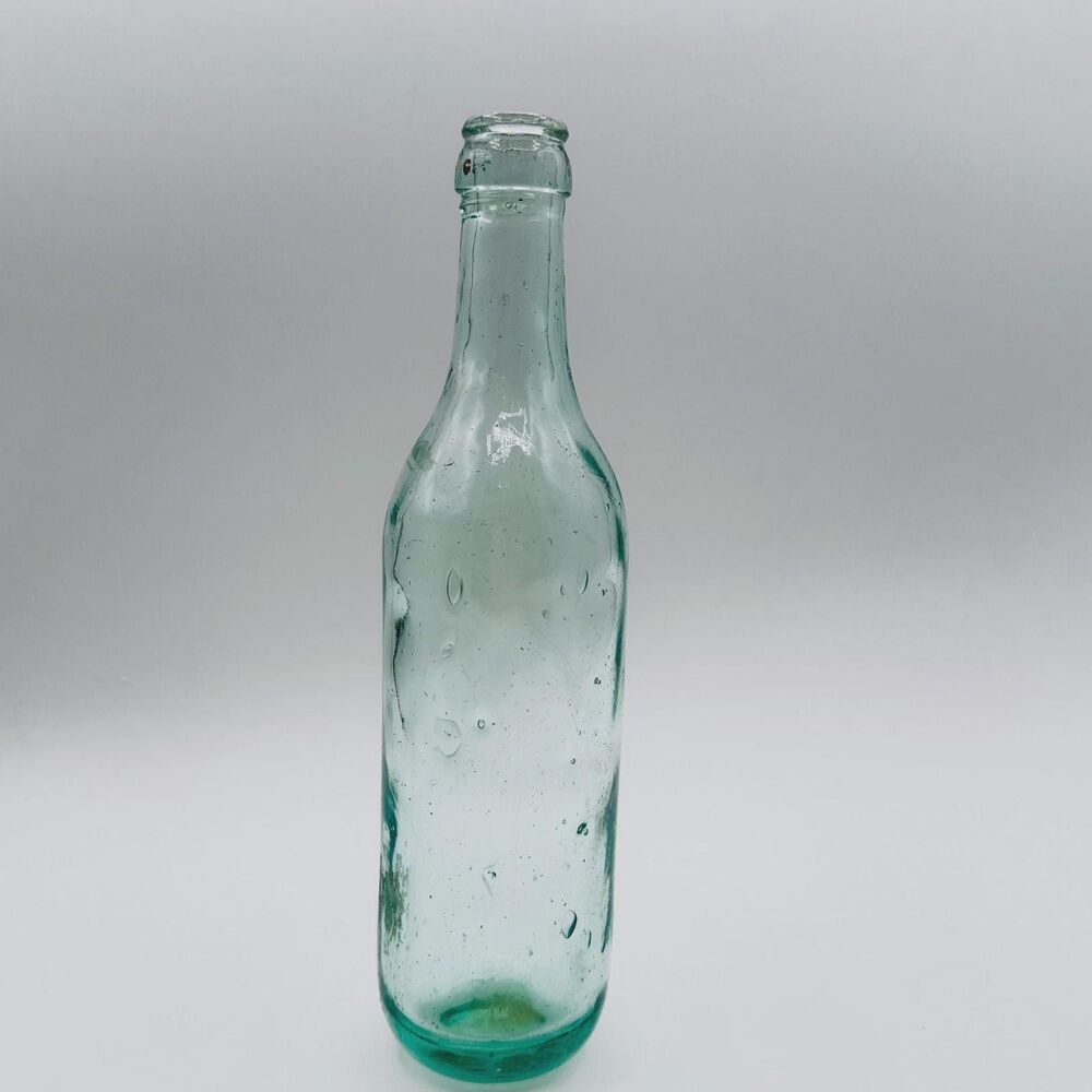 Antique Aqua Blue Green Soda Seed Bubble Straight Thick Glass Bottle Crown Top